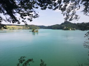 Photo prise au lac de Gruyère en Suisse montrant l'eau turquoise